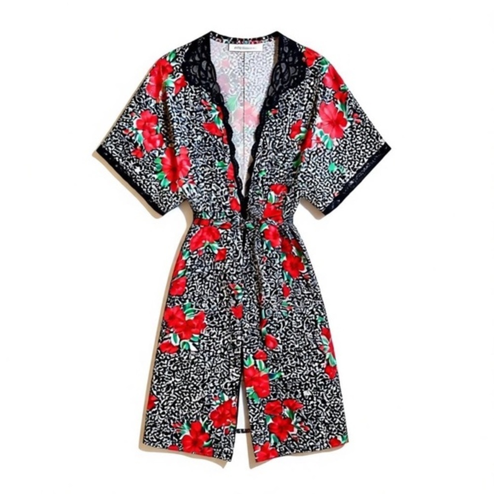4/$20 Vintage Barbizon Floral Lace Trim Robe Kimono Red Black Boho Lounge Wrap S - Picture 3 of 4